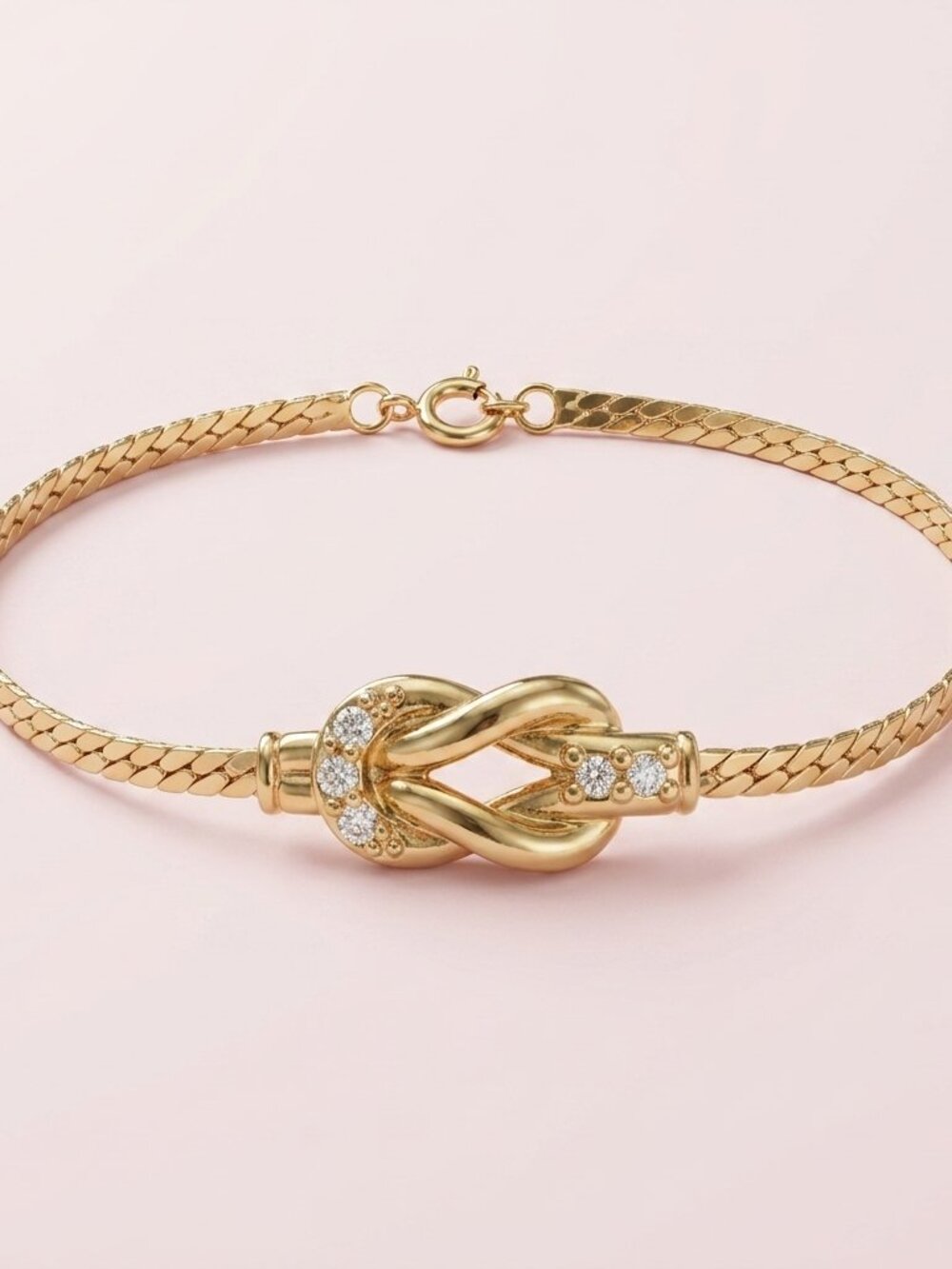 Vintage Gold Knot Herringbone Bracelet with Clear Crystals